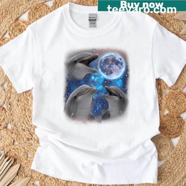 Humorous T-shirt with three dolphins howling at the moon