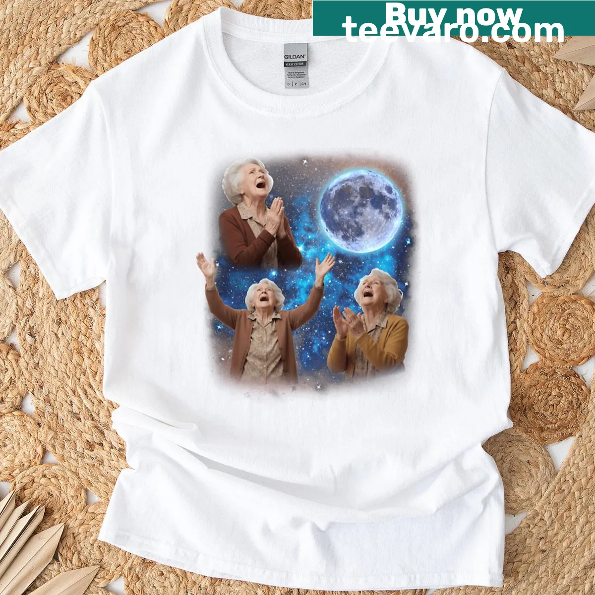 Cartoon grannies howling at the moon on a humorous T-shirt — on a men's t-shirt