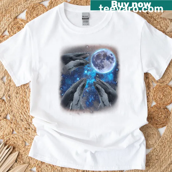 Cartoon humpback whales howling at the moon on a humorous T-shirt