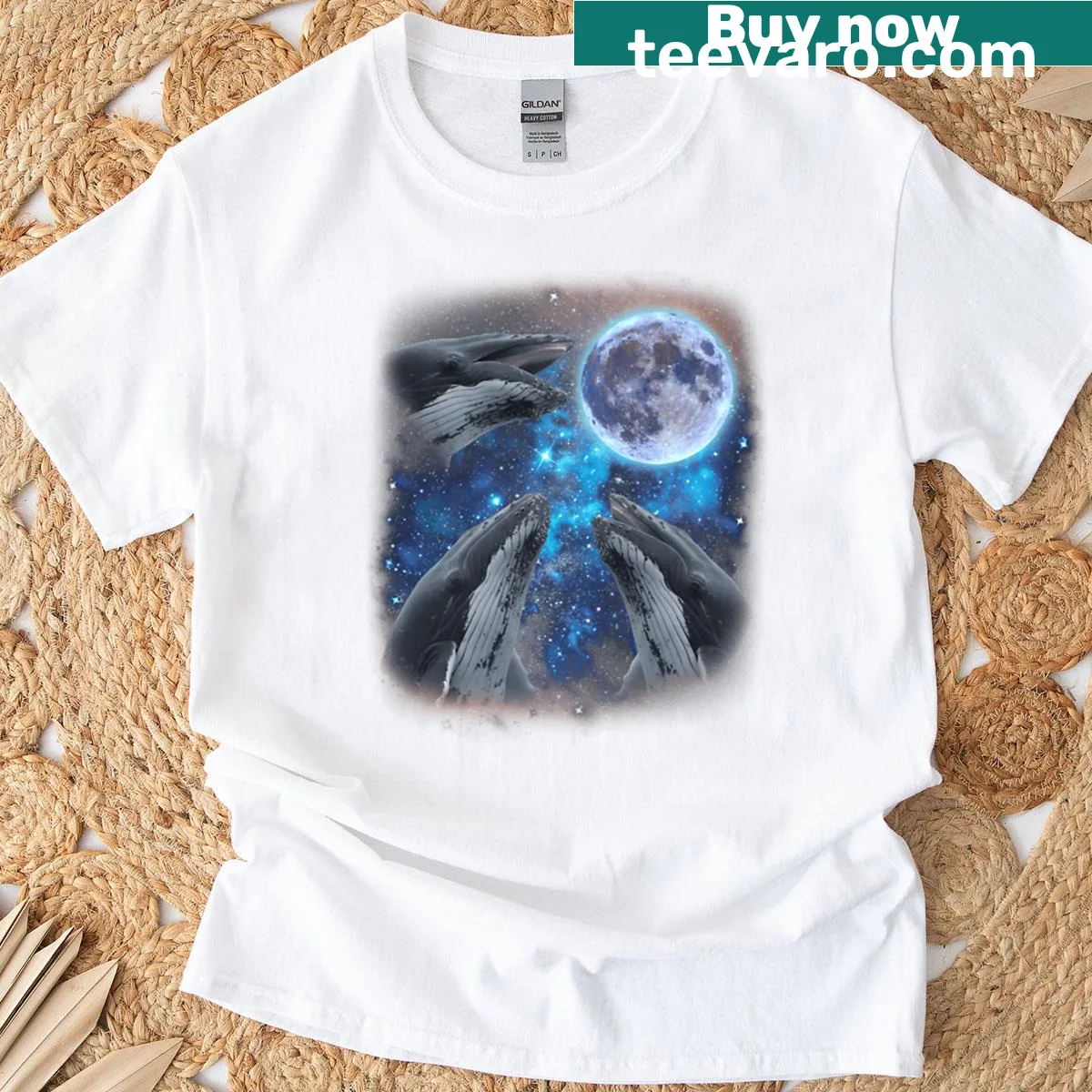 Cartoon humpback whales howling at the moon on a humorous T-shirt — on a men's t-shirt