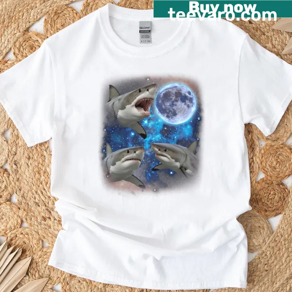 Humorous T-shirt with three sharks howling at the moon