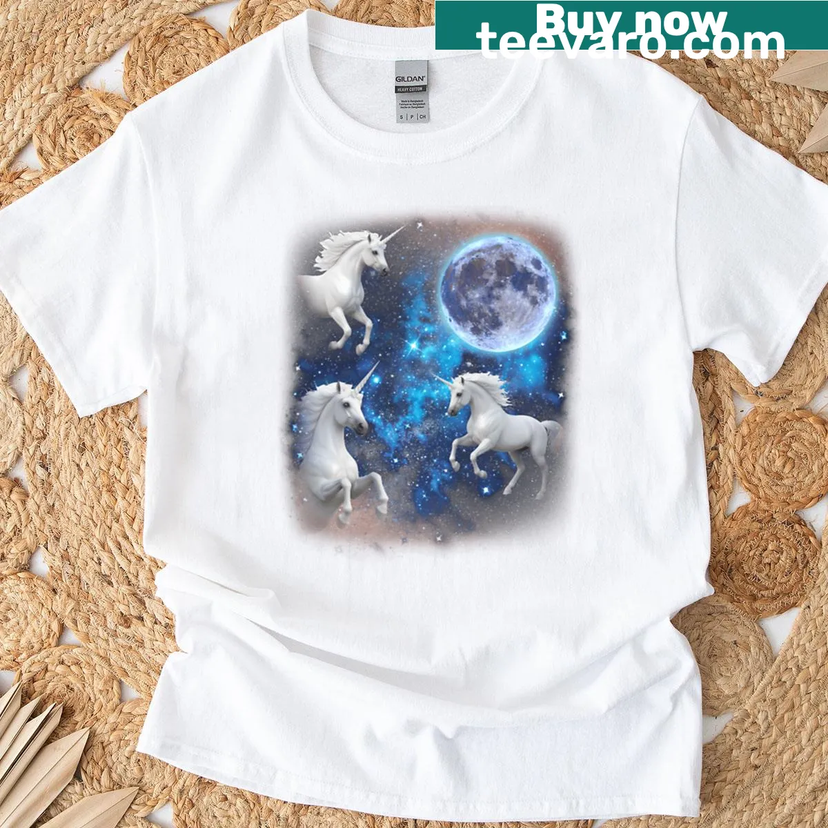 Cartoon unicorns howling at the moon on t-shirt — on a men's t-shirt