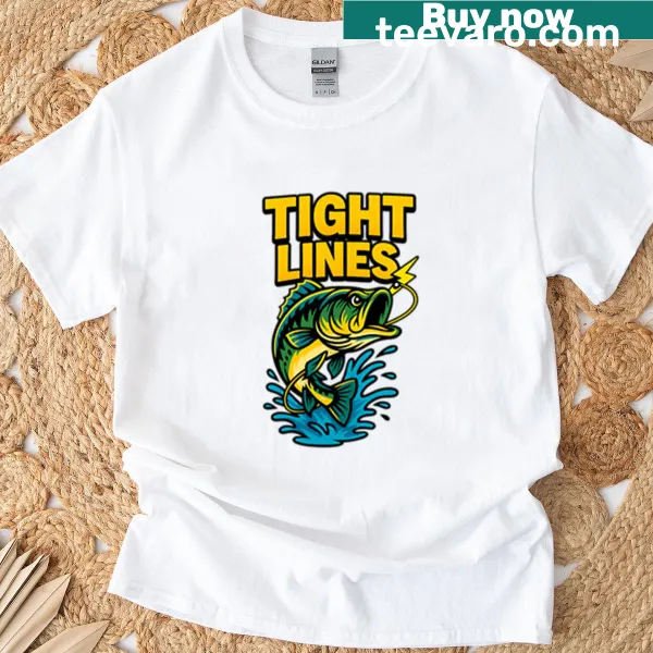 Bold cartoon bass fish with lightning bolts graphic on T-shirt