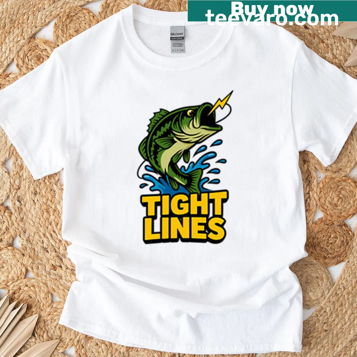 Cartoon bass fishing design on t-shirt — on a men's t-shirt