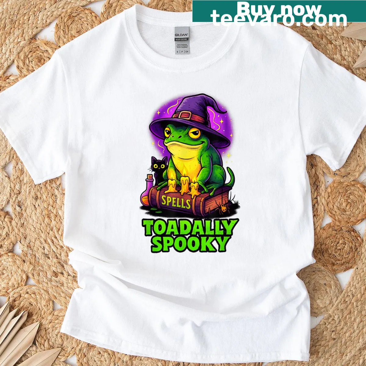 Cartoon frog in a witch hat with funny text for Halloween — on a men's t-shirt