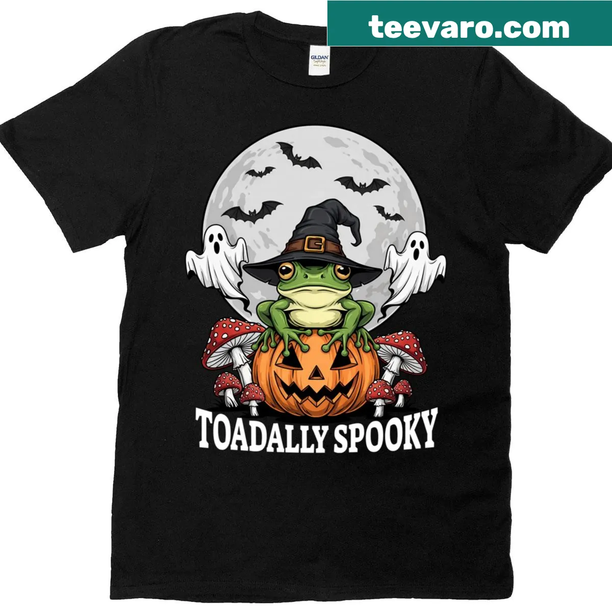 Whimsical Halloween T-shirt featuring a frog on a pumpkin under a full moon — on a men's t-shirt