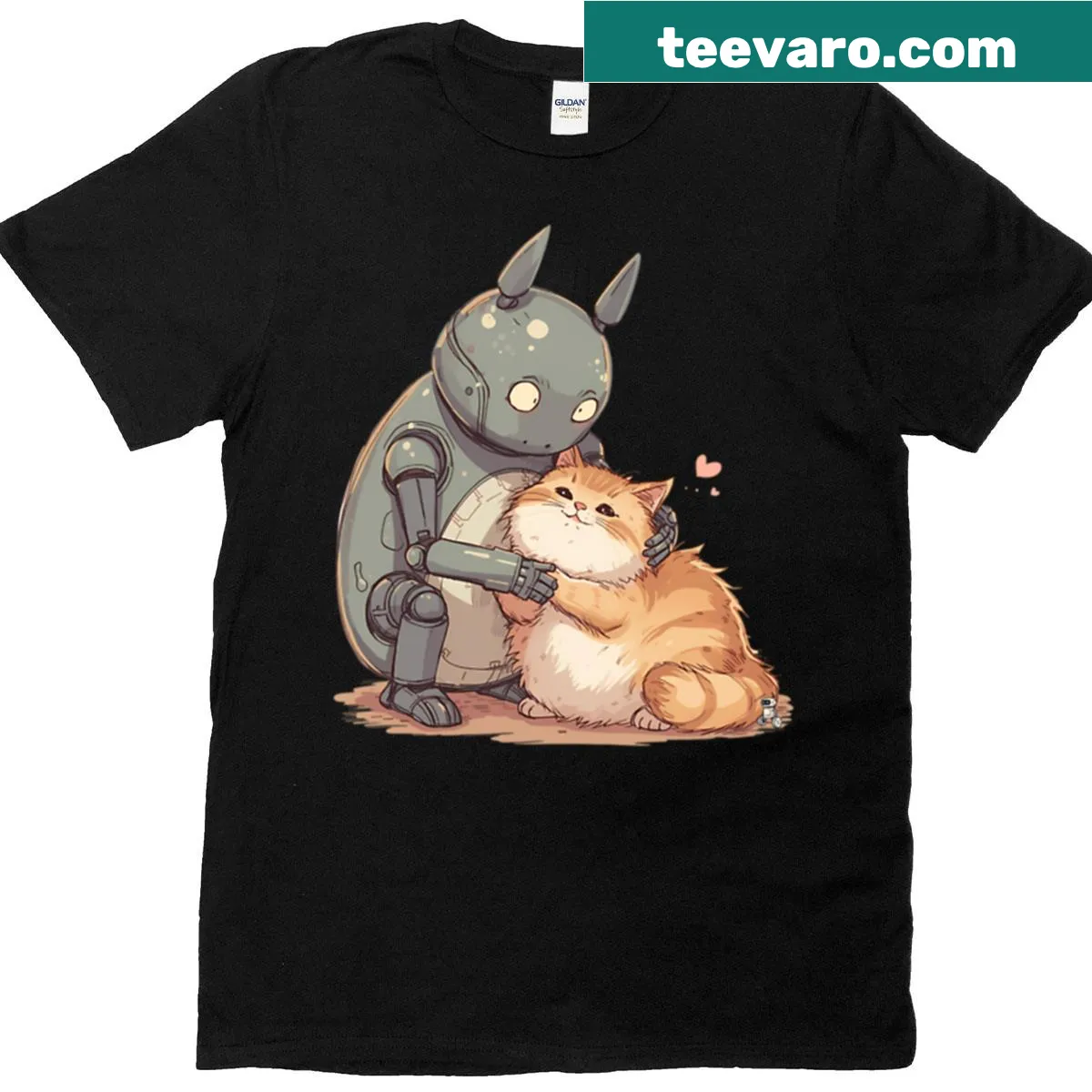 Illustration of a robotic cat on a playful T-shirt — on a men's t-shirt