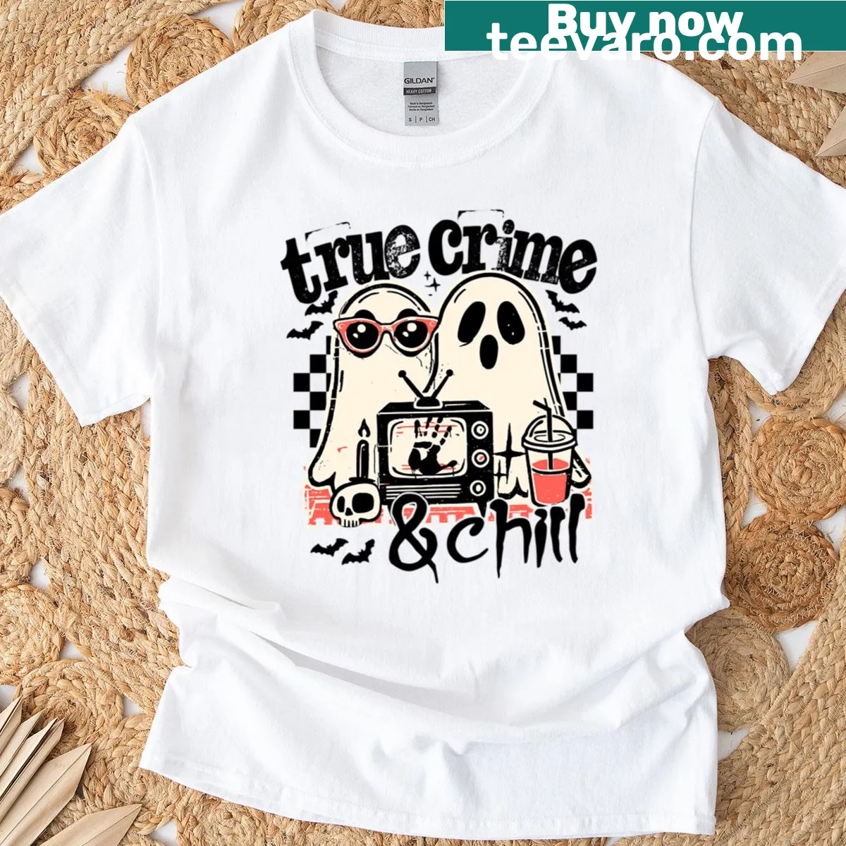 Funny Halloween T-shirt with true crime theme — on a men's t-shirt