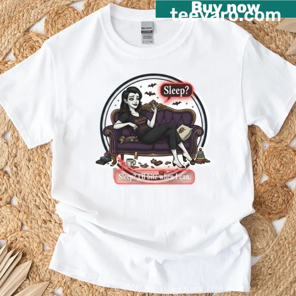 Funny T-shirt for moms featuring a vampire graphic and humorous text about sleep.