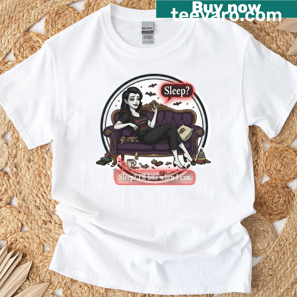 Funny T-shirt for moms featuring a vampire graphic and humorous text about sleep. — on a men's t-shirt