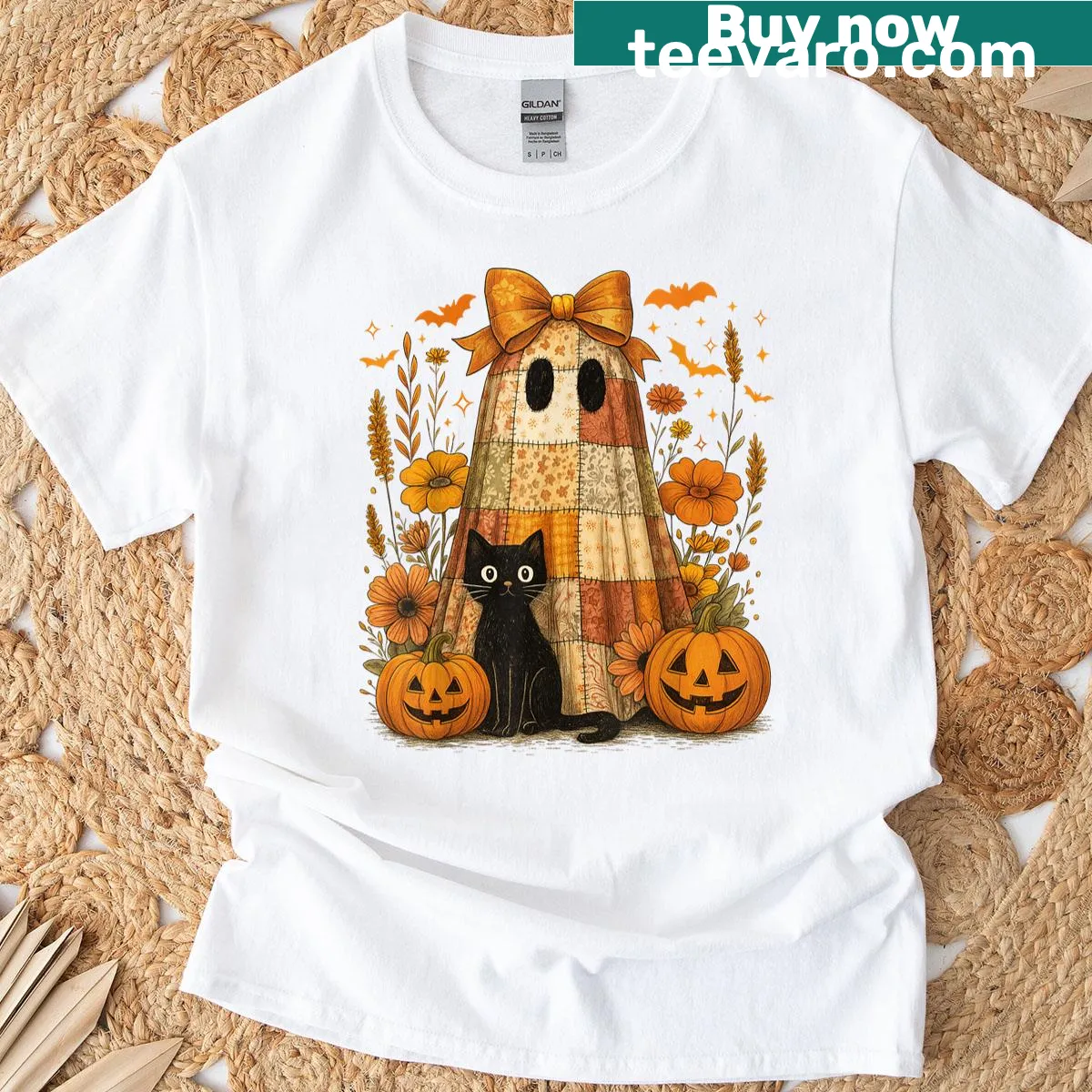Cute Halloween patchwork t-shirt with ghosts and black cats. — on a men's t-shirt