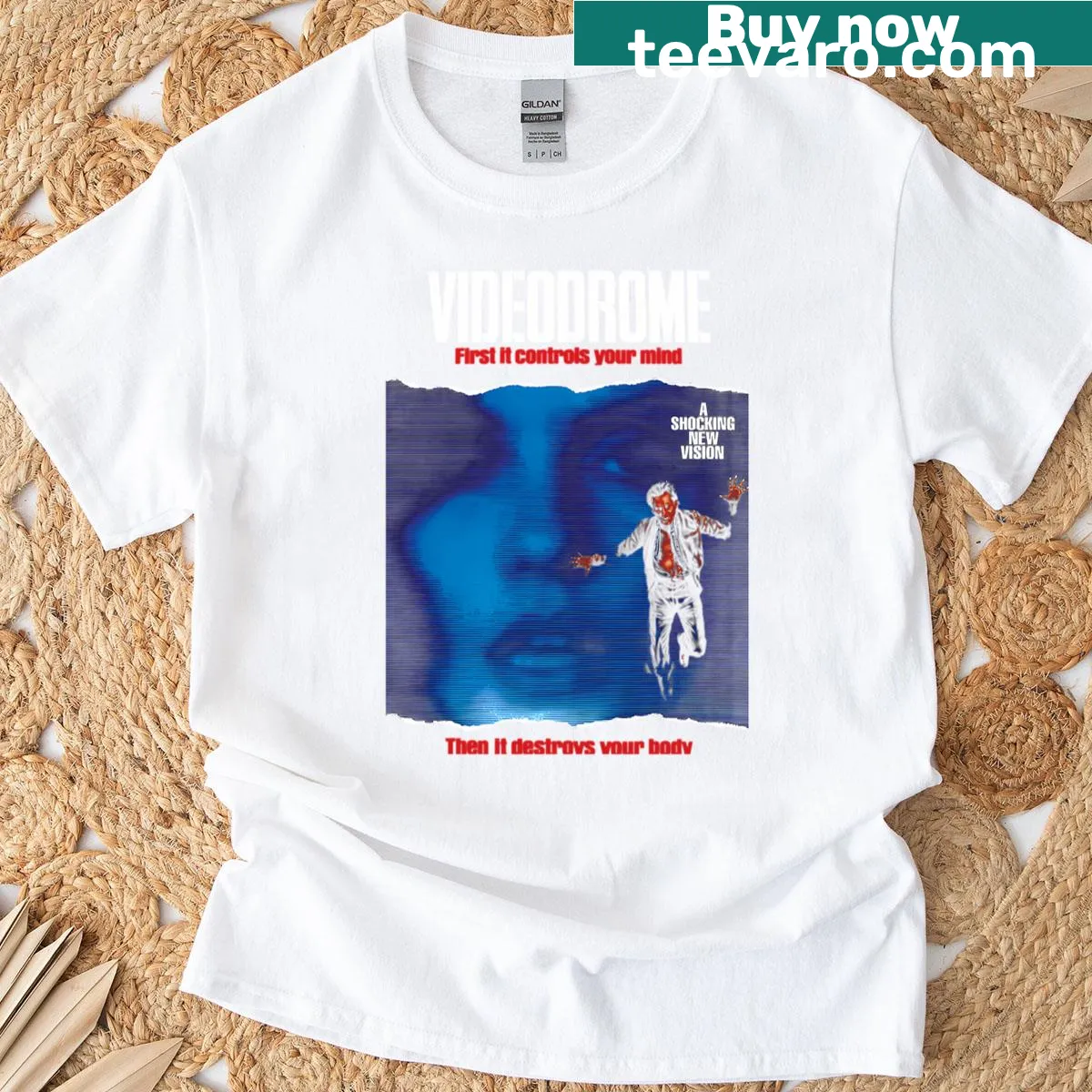 Vintage-style t-shirt featuring horror movie graphics — on a men's t-shirt