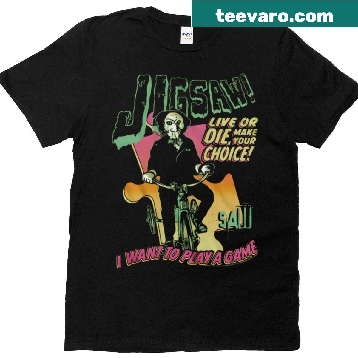 Vintage horror character logo graphic t-shirt for Halloween — on a men's t-shirt
