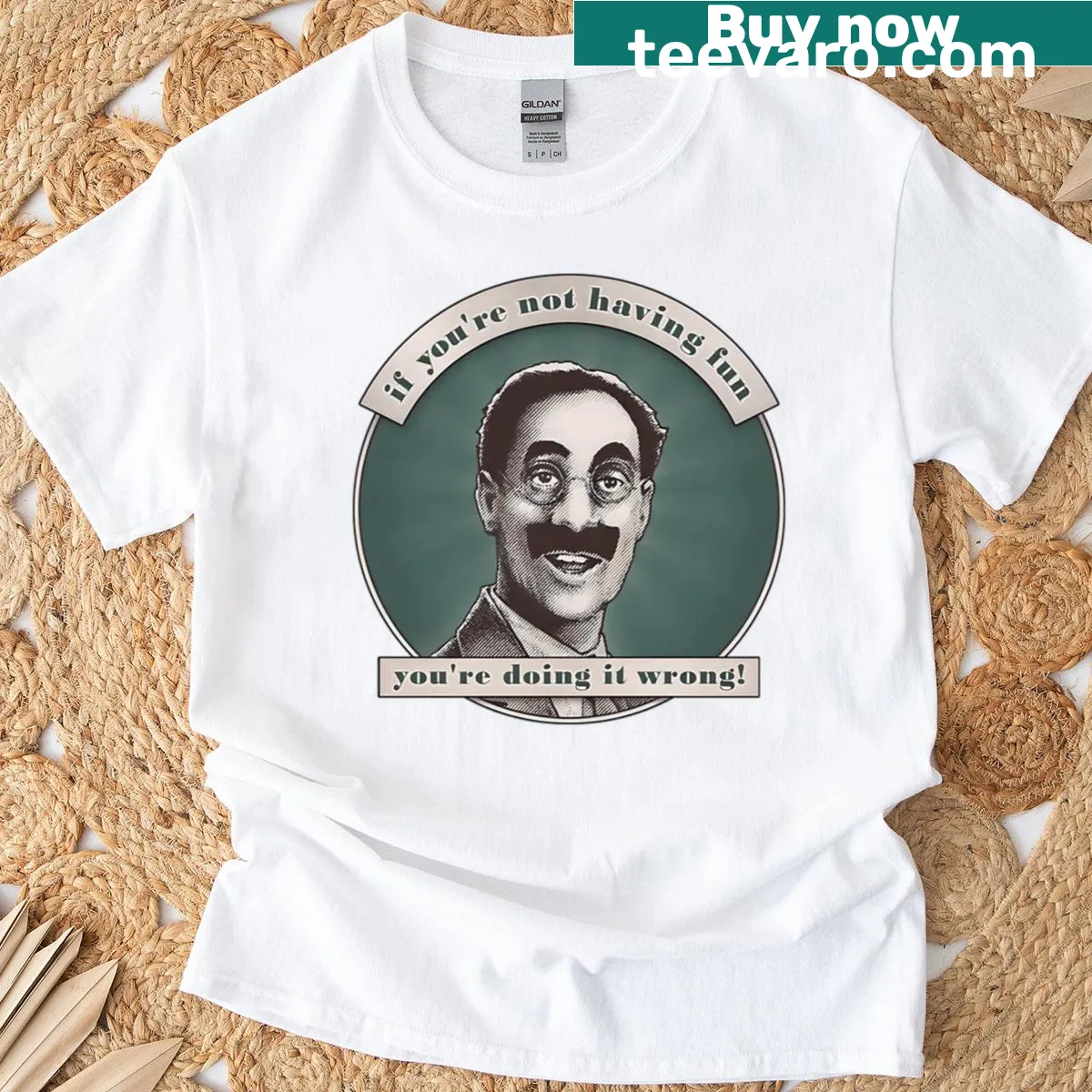 Funny vintage logo T-shirt featuring comic band graphics — on a men's t-shirt