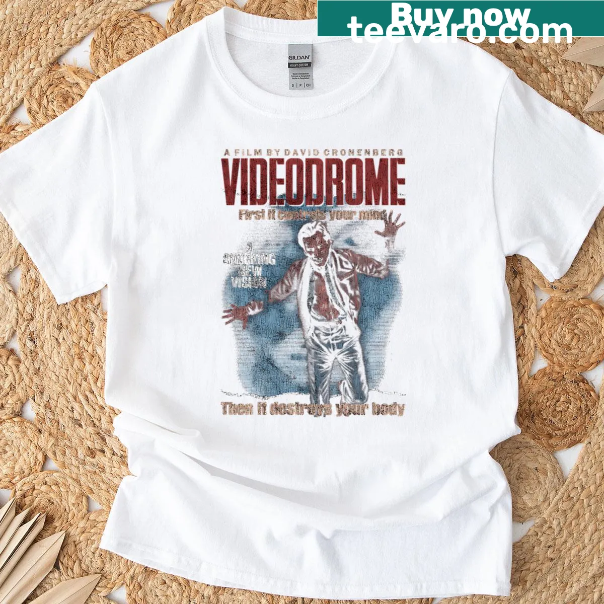 Vintage horror-themed t-shirt with classic movie imagery — on a men's t-shirt