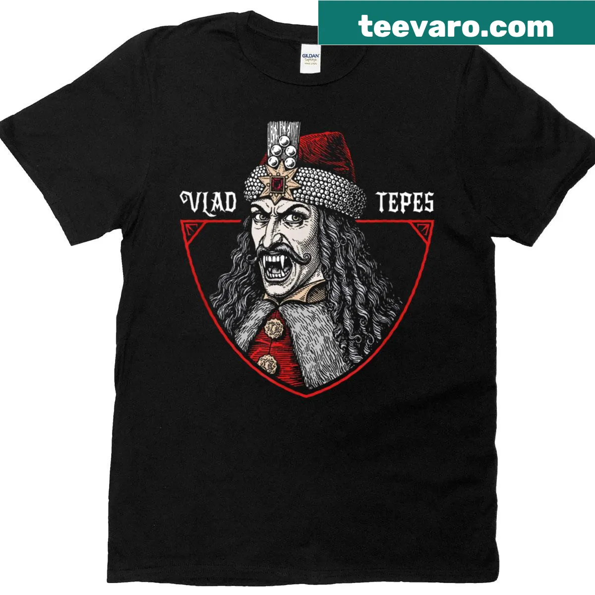 Gothic T-shirt featuring Vlad The Impaler and vampire fangs illustration — on a men's t-shirt