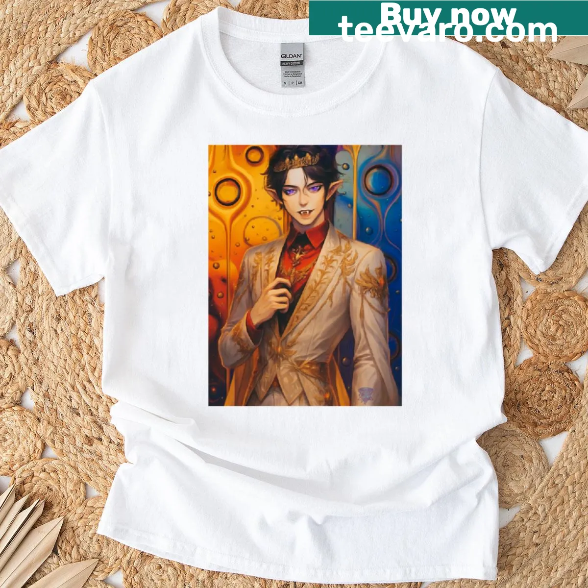 Elven vampire illustration T-shirt with intricate fantasy design — on a men's t-shirt