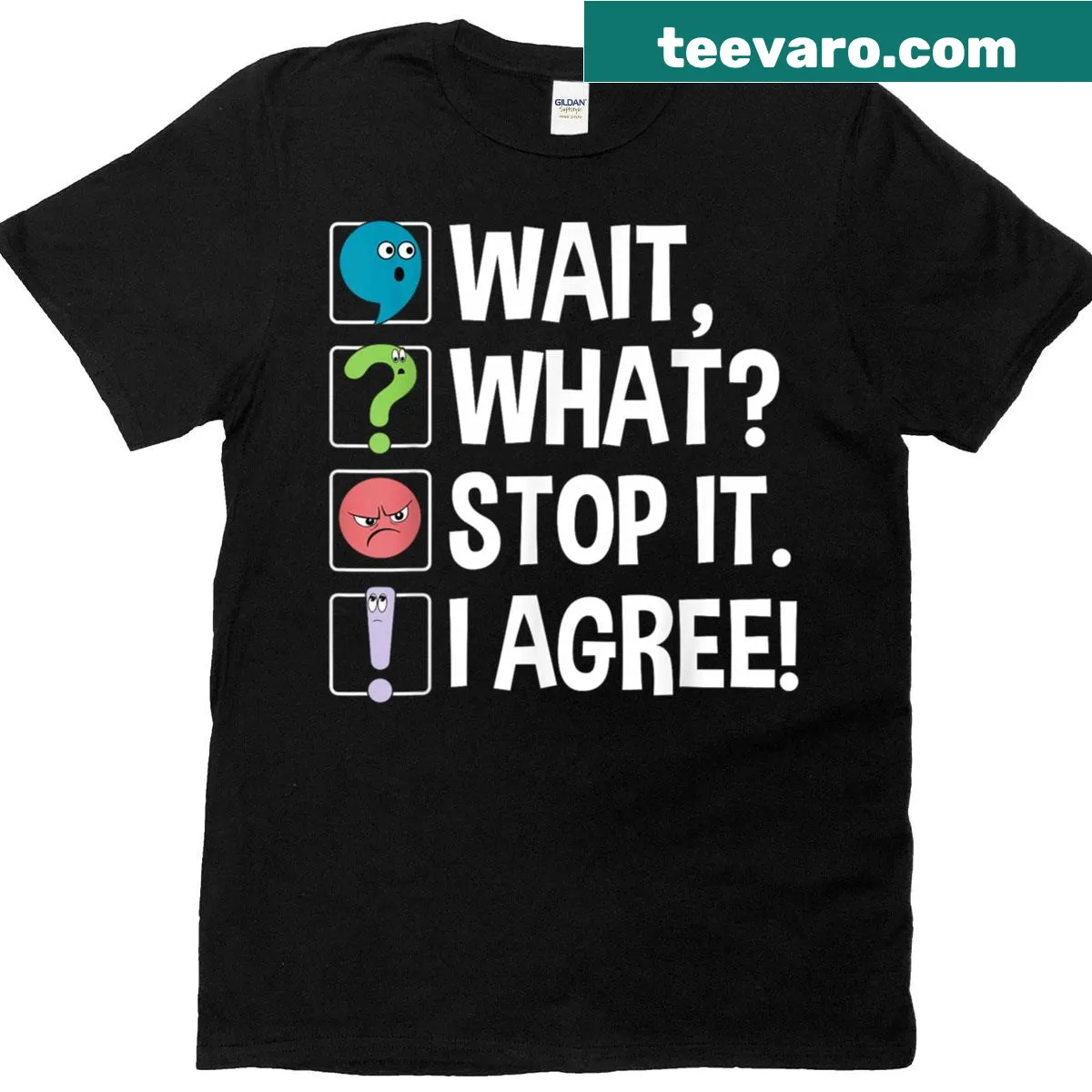 Funny English teacher T-shirt with playful punctuation-themed text design — on a men's t-shirt