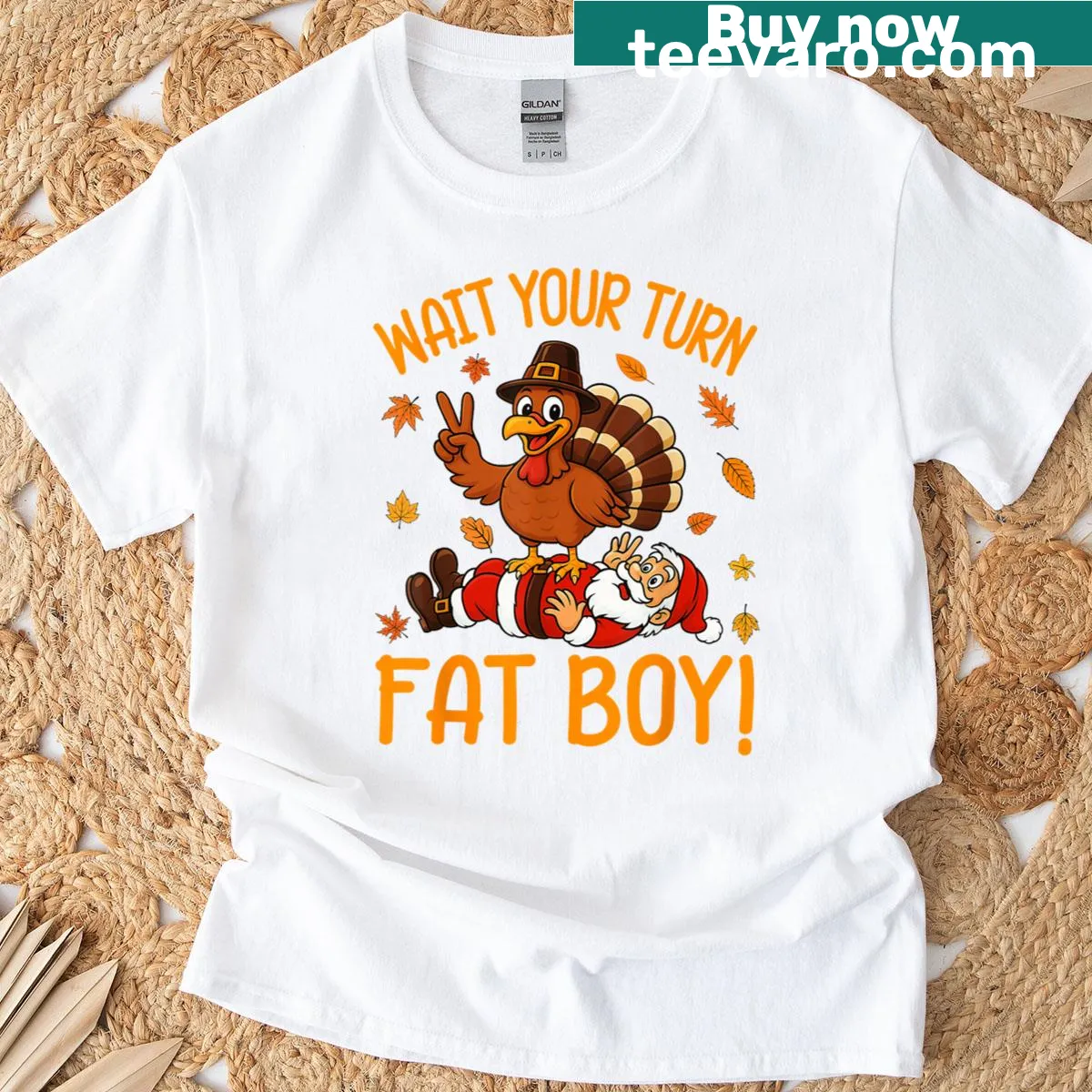 Funny t-shirt featuring turkey and Santa with a humorous message — on a men's t-shirt
