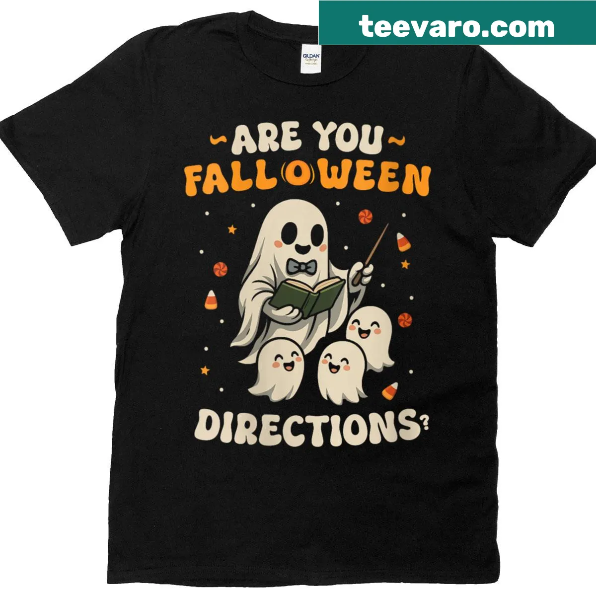 Funny teacher Halloween t-shirt with playful fall directions graphic — on a men's t-shirt