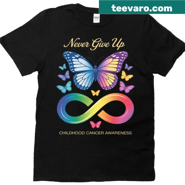 Butterfly illustration with 'Never Give Up' message for childhood cancer awareness
