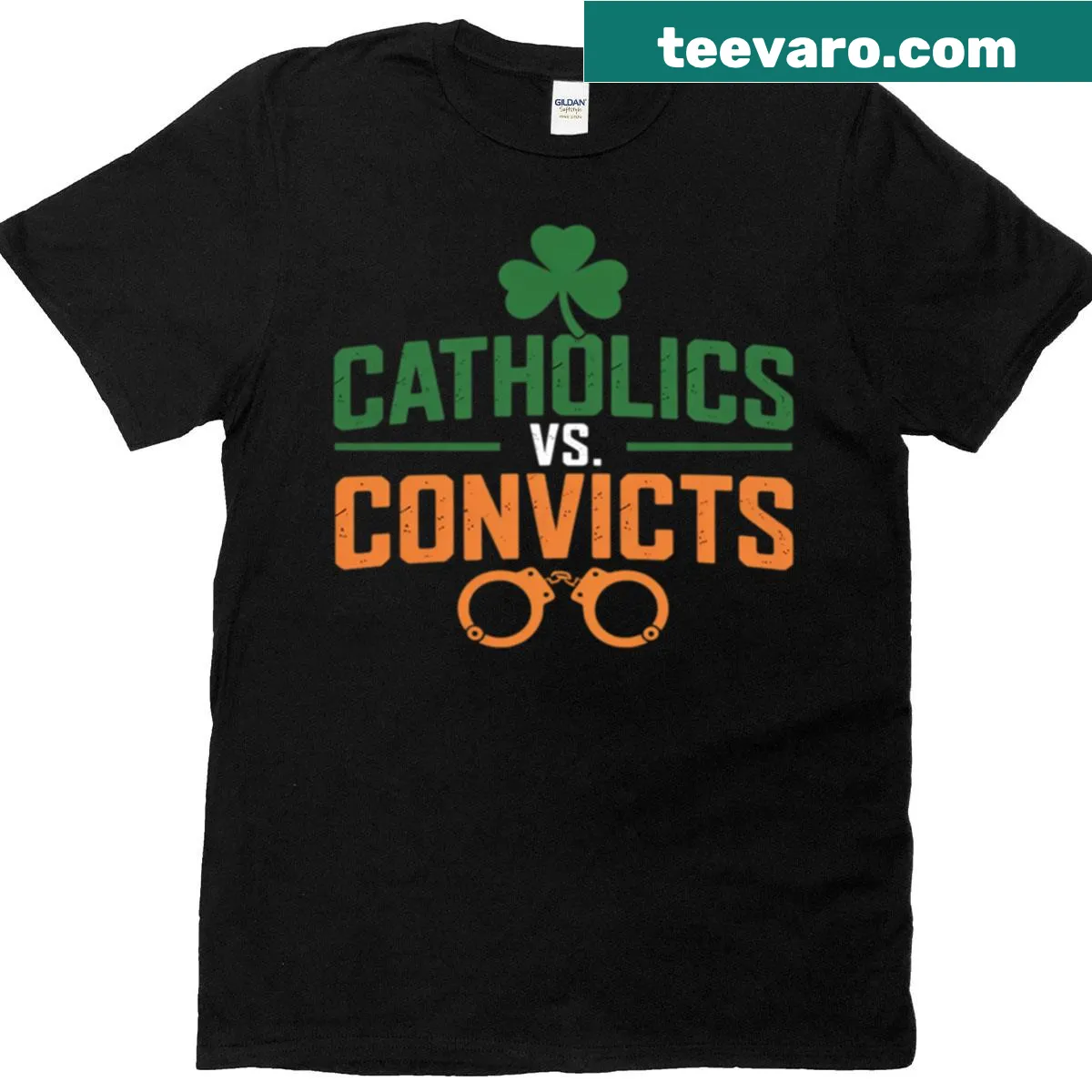 Funny T-shirt highlighting Catholics vs Convicts theme — on a men's t-shirt