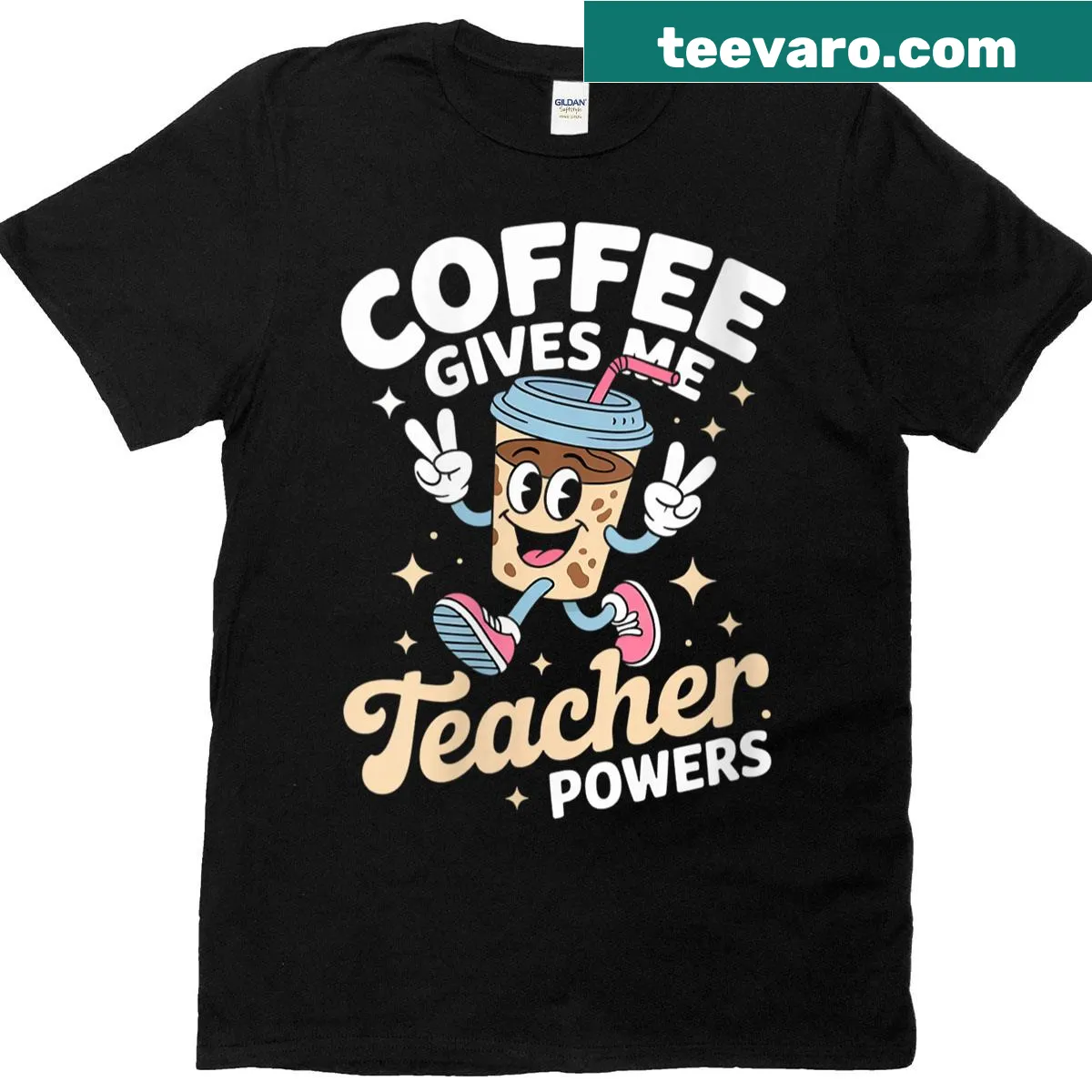 Funny teacher shirt with coffee-themed text about teaching powers — on a men's t-shirt