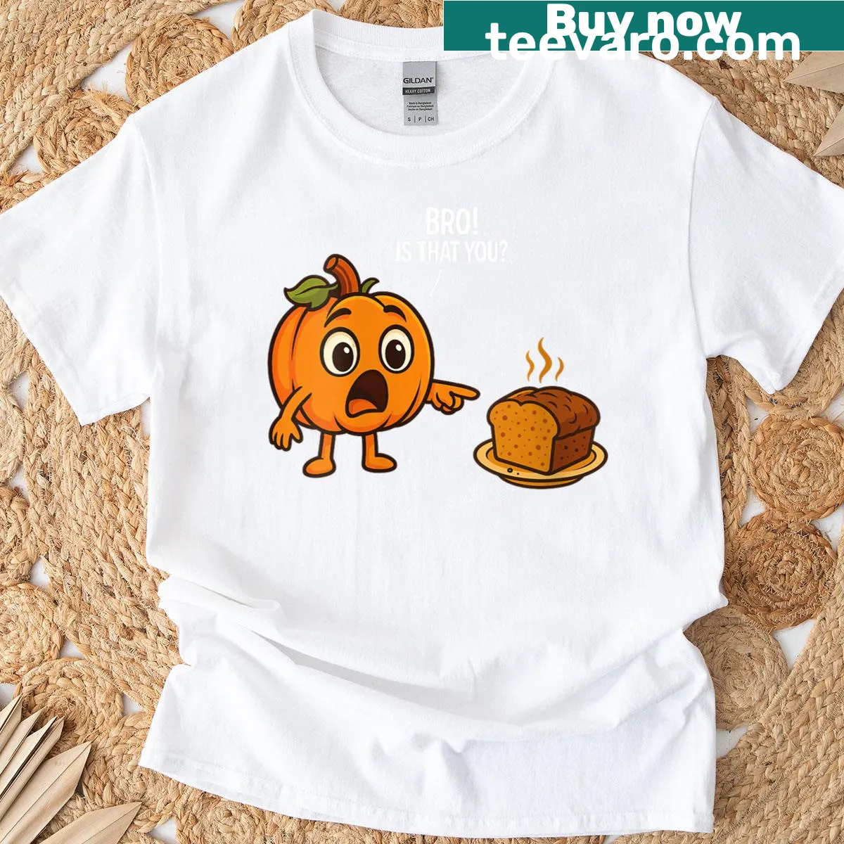 Funny pumpkin bread maker T-shirt with humorous text — on a men's t-shirt