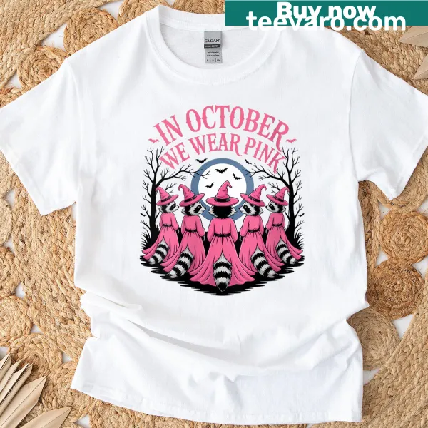 Cute Halloween T-shirt with pink witch raccoon design