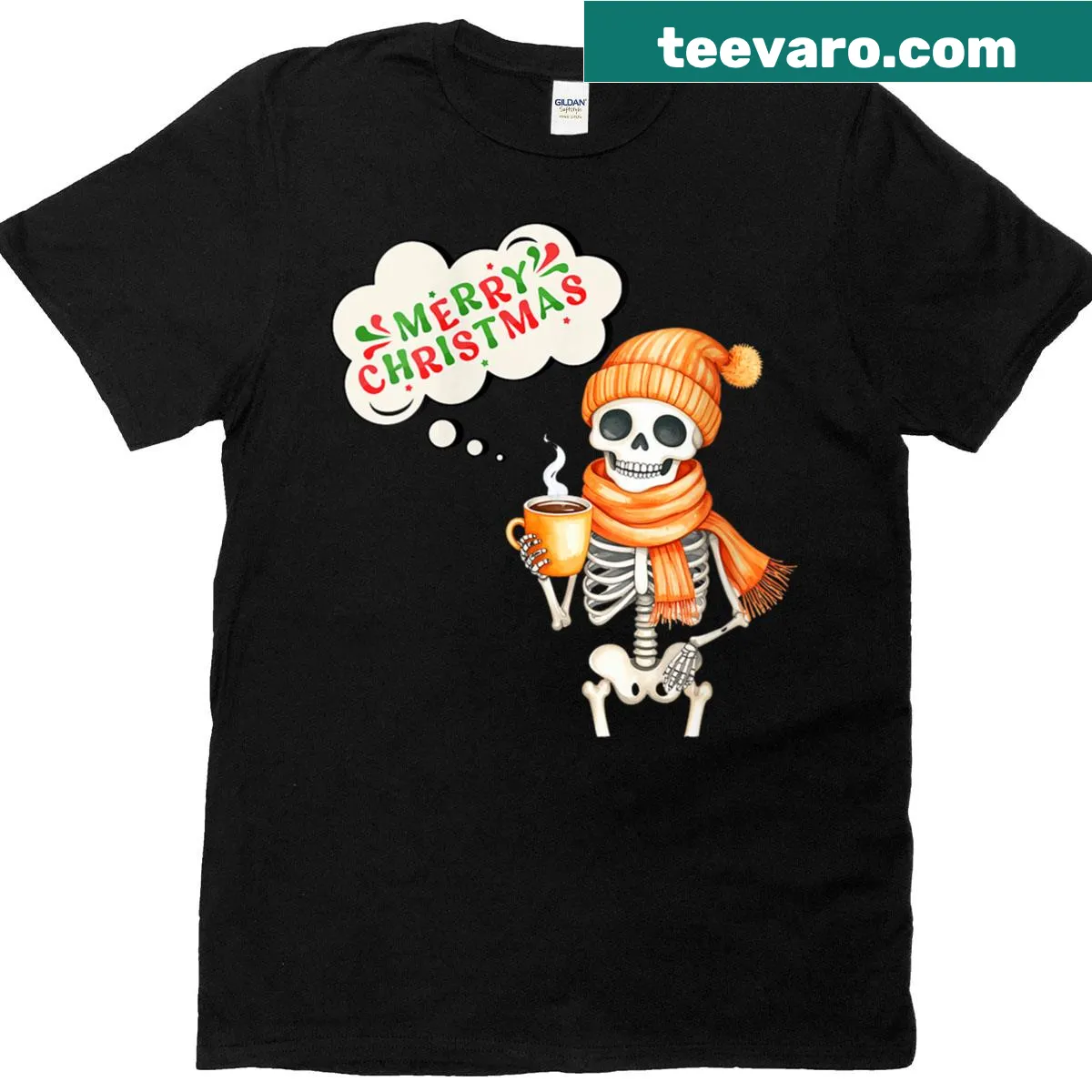 Skeleton holding coffee and Christmas text graphic on a T-shirt. — on a men's t-shirt