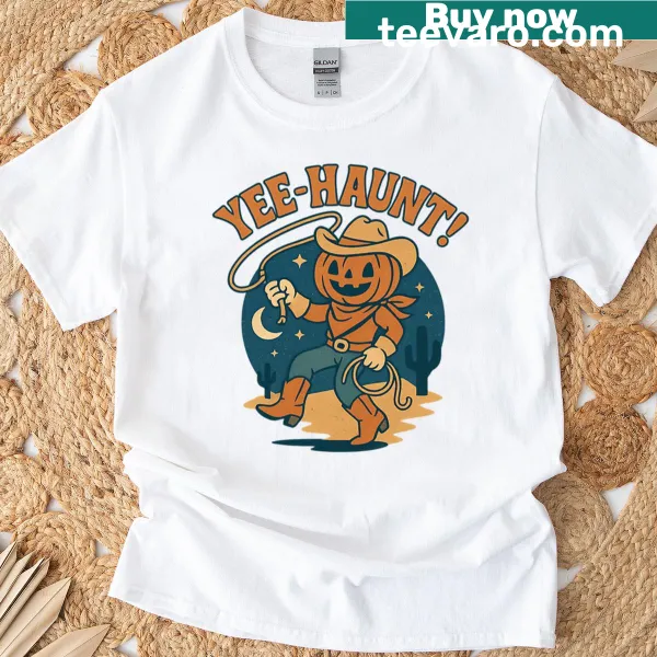 Retro pumpkin cowgirl graphic on a playful T-shirt