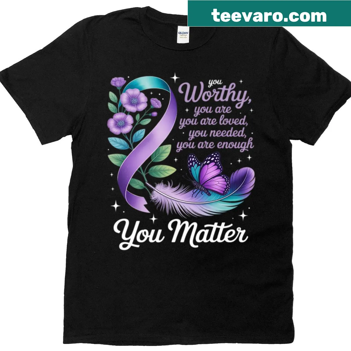 Motivational t-shirt promoting suicide prevention awareness — on a men's t-shirt