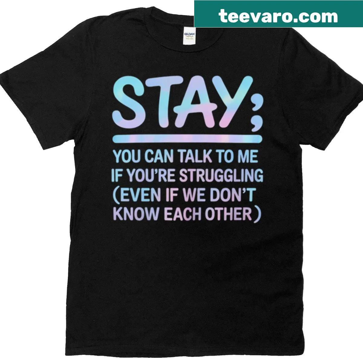 Supportive T-shirt with a message inviting open conversation during tough times. — on a men's t-shirt