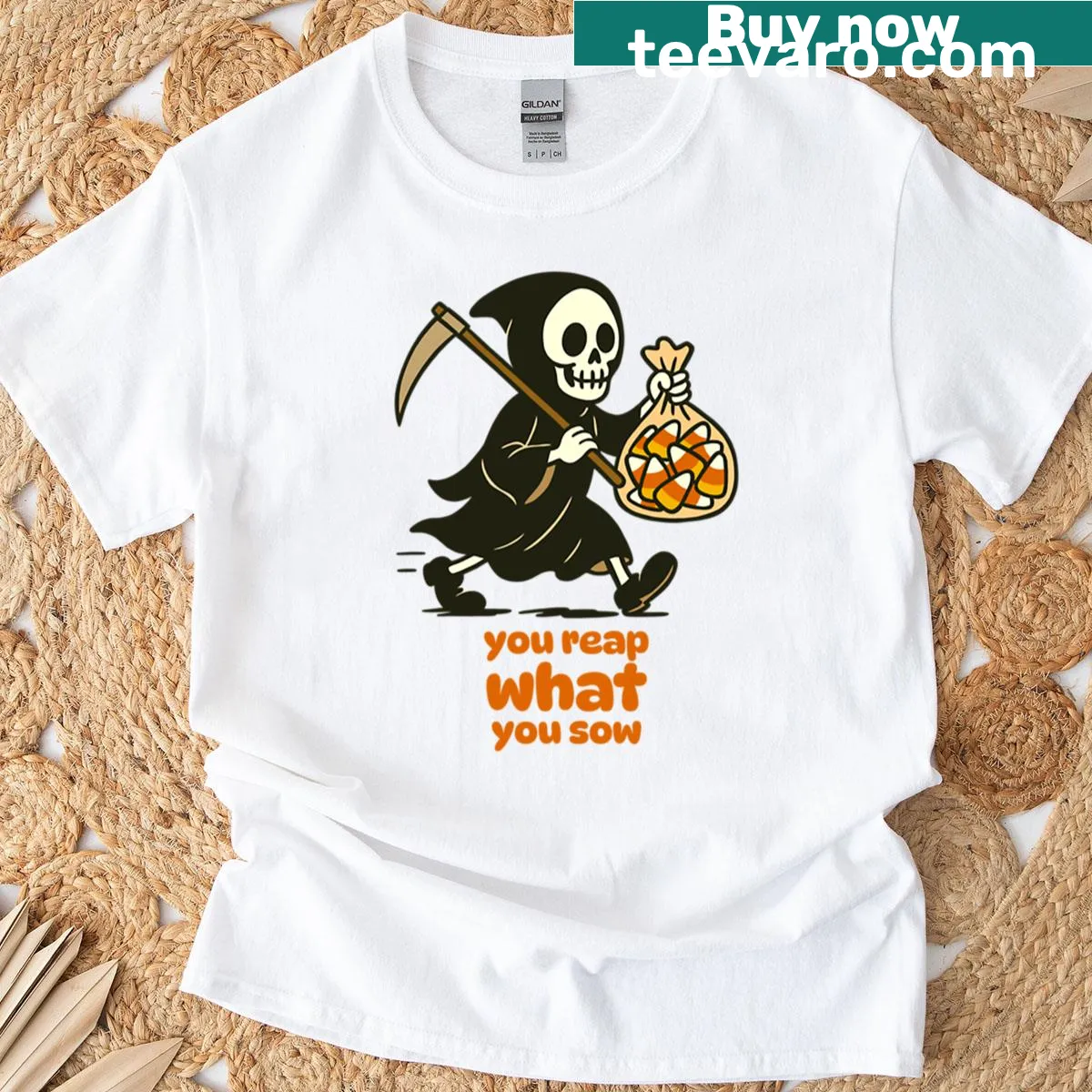 Typographic design featuring 'You Reap What You Sow' message — on a men's t-shirt