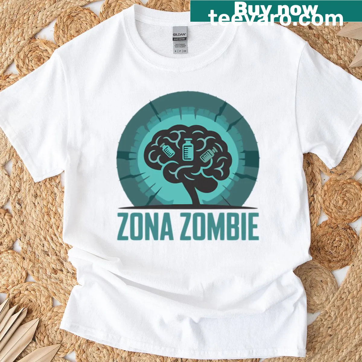 Zombie face graphic on a spooky themed t-shirt. — on a men's t-shirt