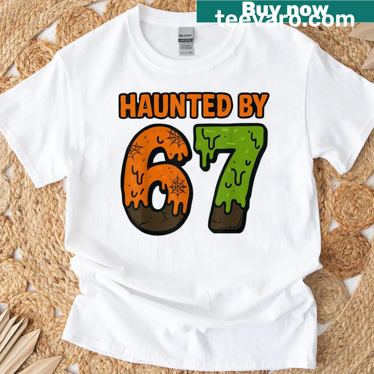 Cartoon Halloween-themed graphic t-shirt with meme references — on a men's t-shirt