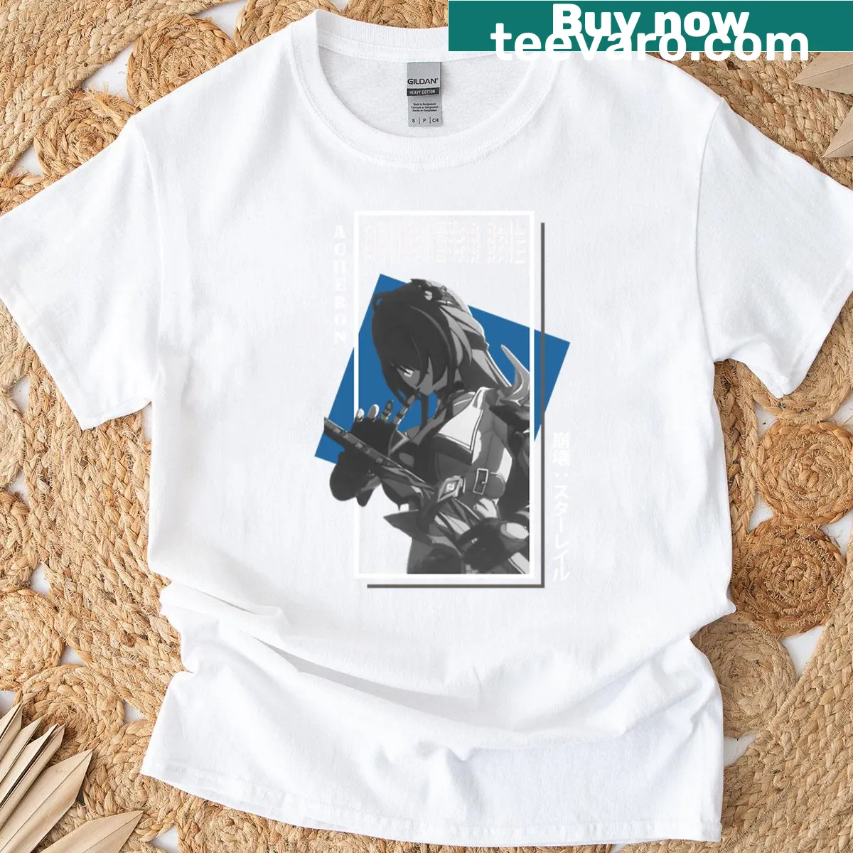Illustrative Acheron graphic from Honkai Star Rail on T-shirt — on a men's t-shirt