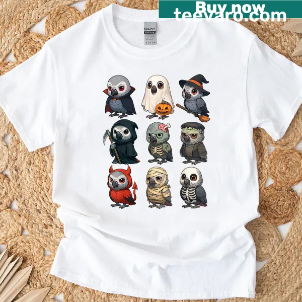 Halloween T-shirt featuring an African Grey Parrot as a witch zombie