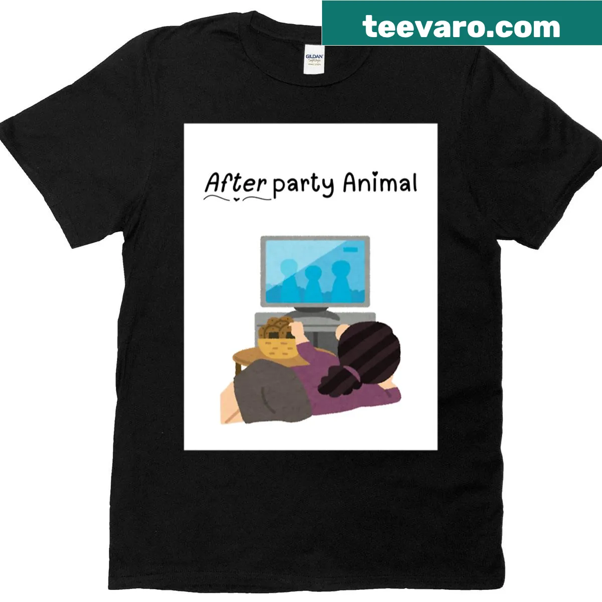 Casual t-shirt featuring playful graphics about lounging on a couch. — on a men's t-shirt