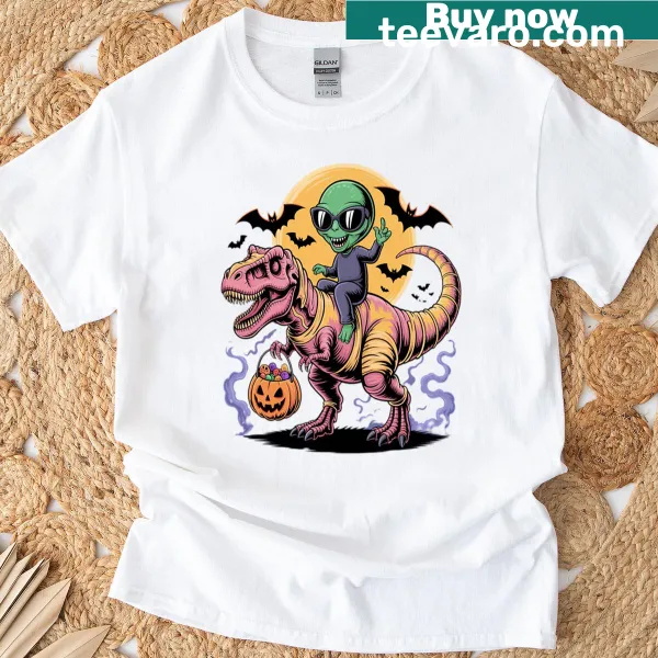 Funny Halloween t-shirt with T-rex being abducted by aliens.