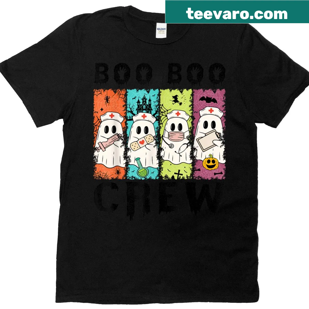 Halloween nurse t-shirt with spooky 'Boo Crew' graphic — on a men's t-shirt