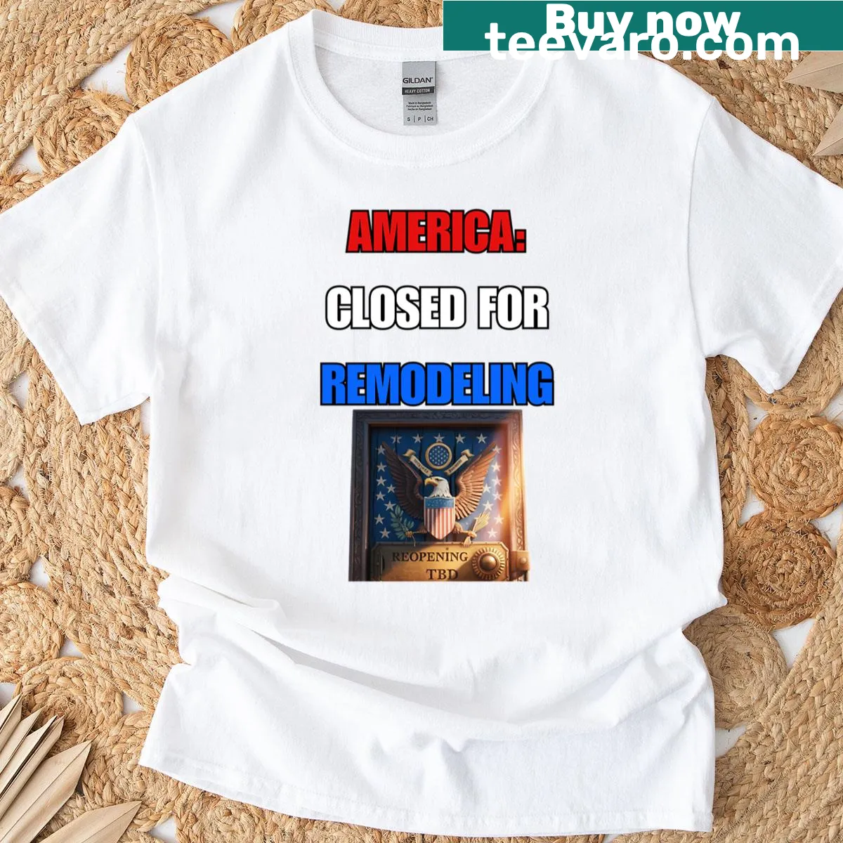 Funny t-shirt with 'America Closed For Remodeling' text — on a men's t-shirt