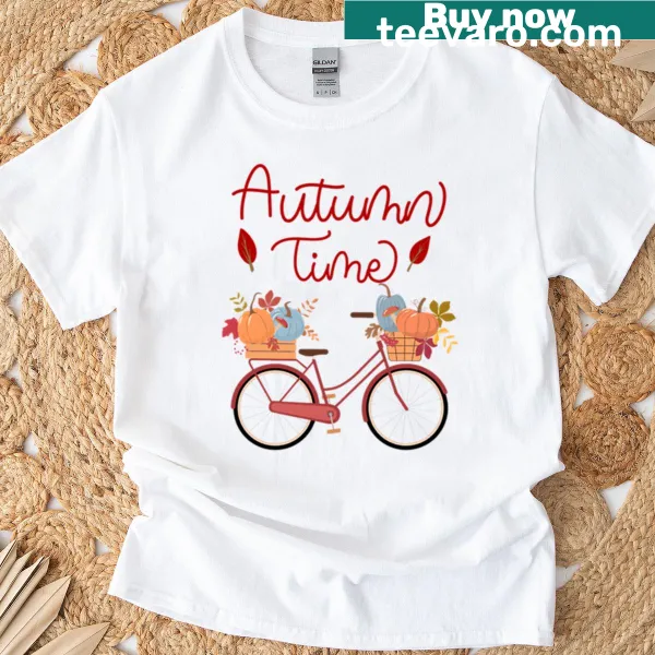 Illustration of a bicycle surrounded by autumn leaves on a T-shirt