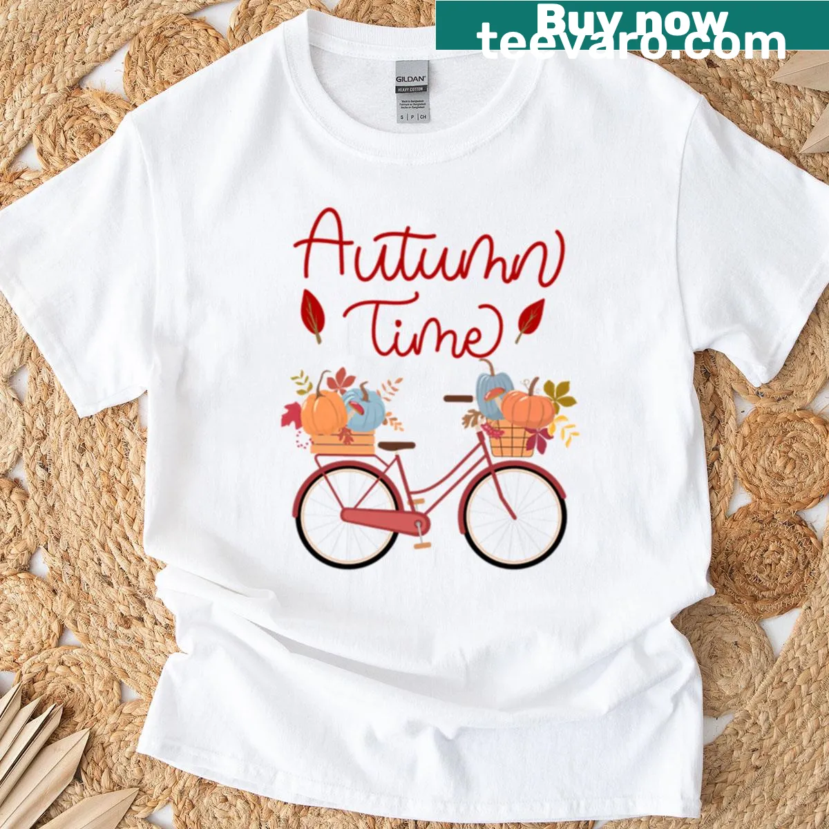 Illustration of a bicycle surrounded by autumn leaves on a T-shirt — on a men's t-shirt