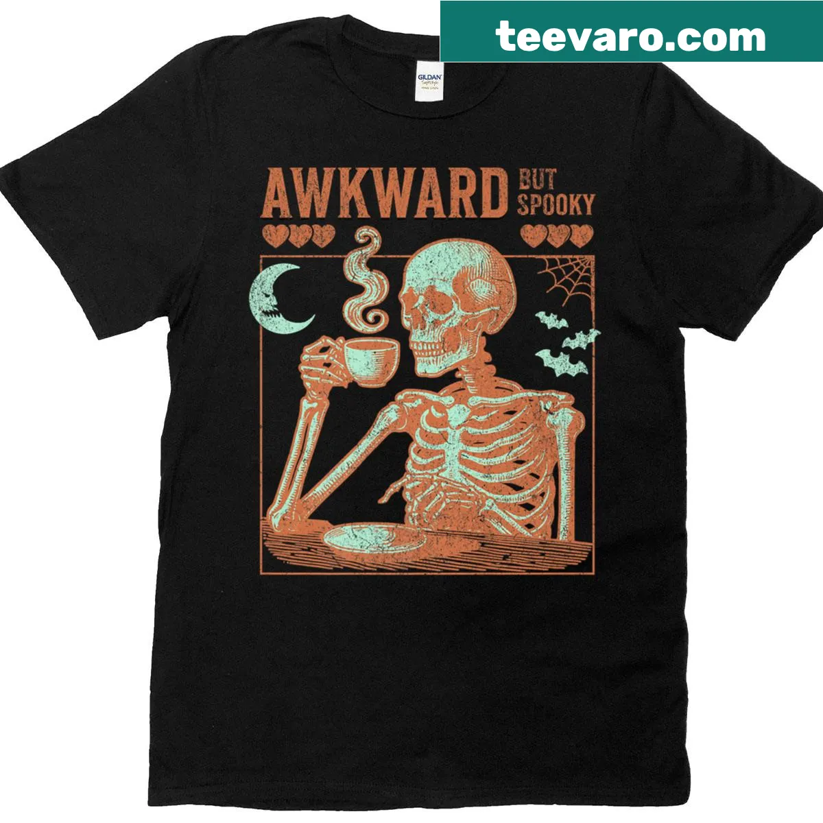 Cute skeleton with coffee graphic for a Halloween-themed t-shirt. — on a men's t-shirt