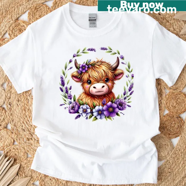 Illustration of a baby Highland cow with flowers on a t-shirt