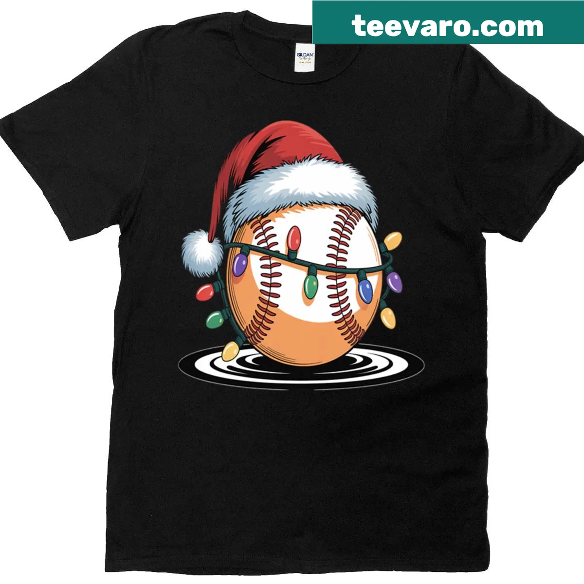 Baseball Santa design with Christmas lights on a humorous T-shirt — on a men's t-shirt