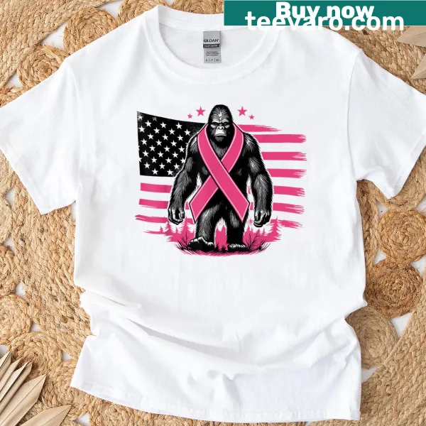Bigfoot graphic with a pink ribbon for breast cancer awareness on a t-shirt