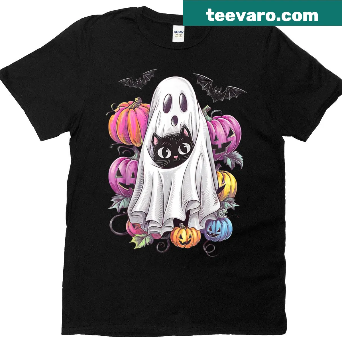 Black cat ghost with pumpkins Halloween t-shirt — on a men's t-shirt
