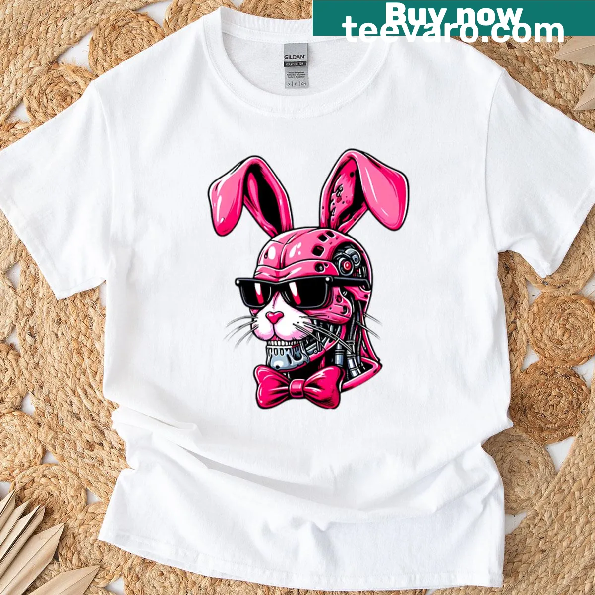 Playful cartoon rabbit graphic in bold pop art style — on a men's t-shirt
